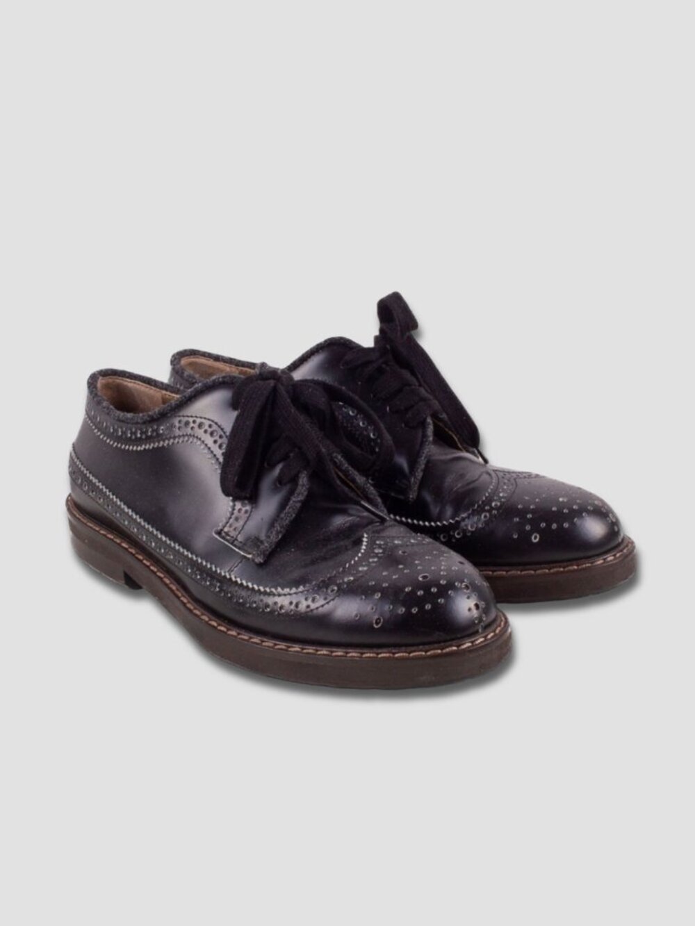 MARNI Black Leather Wingtip Brogue Wool Trim Oxford Shoes
